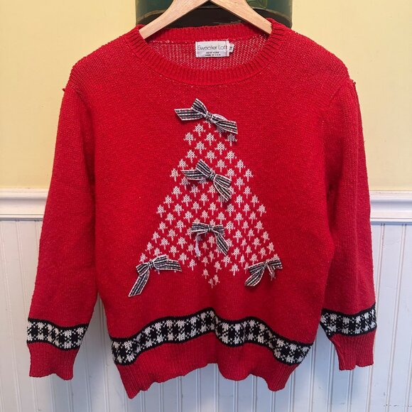 Red Sweater Loft Christmas Tree Sweater Ribbon Bows & Snowflake Trim vintage 80s - Picture 1 of 10